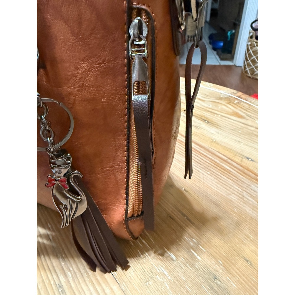 Brown Faux Leather Satchel Handbag With Card Holder New - Picture 5 of 7